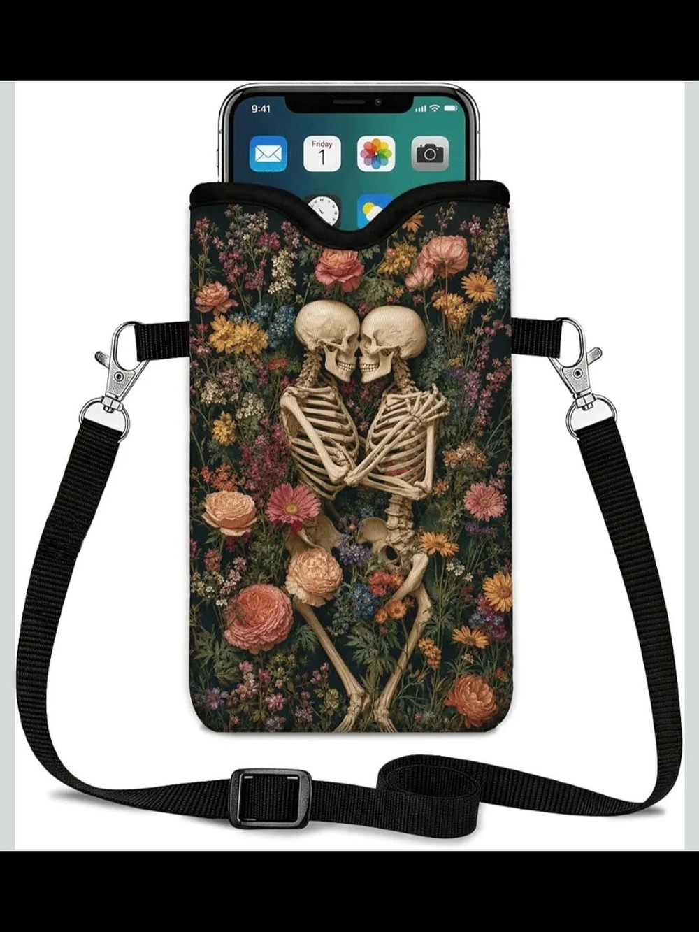 Floral Skeleton Crossbody Phone Pouch - Black Strap
